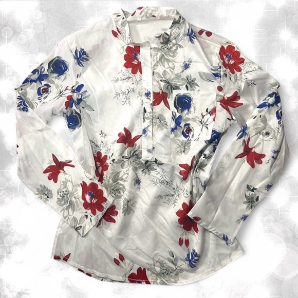 Boho Chic Floral White Multicolored Long Sleeve Button Blouse - Picture 3 of 6